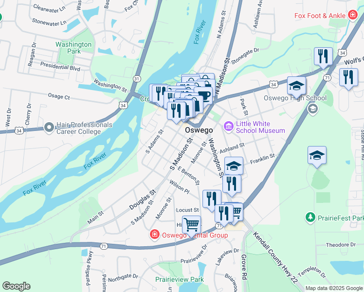 map of restaurants, bars, coffee shops, grocery stores, and more near 169 South Madison Street in Oswego