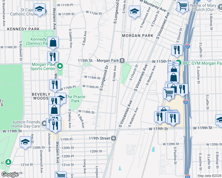 map of restaurants, bars, coffee shops, grocery stores, and more near 11628 South Hale Avenue in Chicago