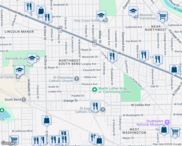 map of restaurants, bars, coffee shops, grocery stores, and more near 1630 Fassnacht Avenue in South Bend