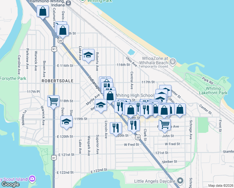 map of restaurants, bars, coffee shops, grocery stores, and more near 1733 Atchison Avenue in Whiting