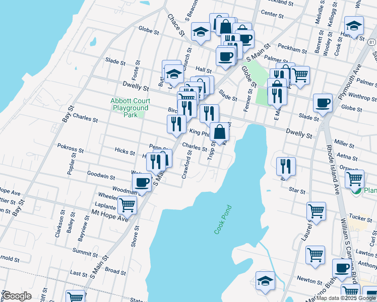 map of restaurants, bars, coffee shops, grocery stores, and more near 89 Crawford Street in Fall River