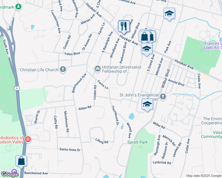 map of restaurants, bars, coffee shops, grocery stores, and more near 1 Thornwood Drive in Poughkeepsie