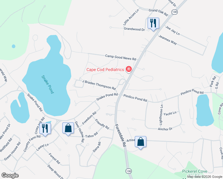 map of restaurants, bars, coffee shops, grocery stores, and more near 7 J Braden Thompson Road in Sandwich