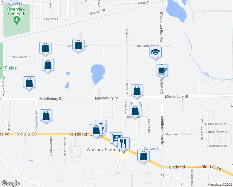 map of restaurants, bars, coffee shops, grocery stores, and more near 2502 Middlebury Street in Elkhart