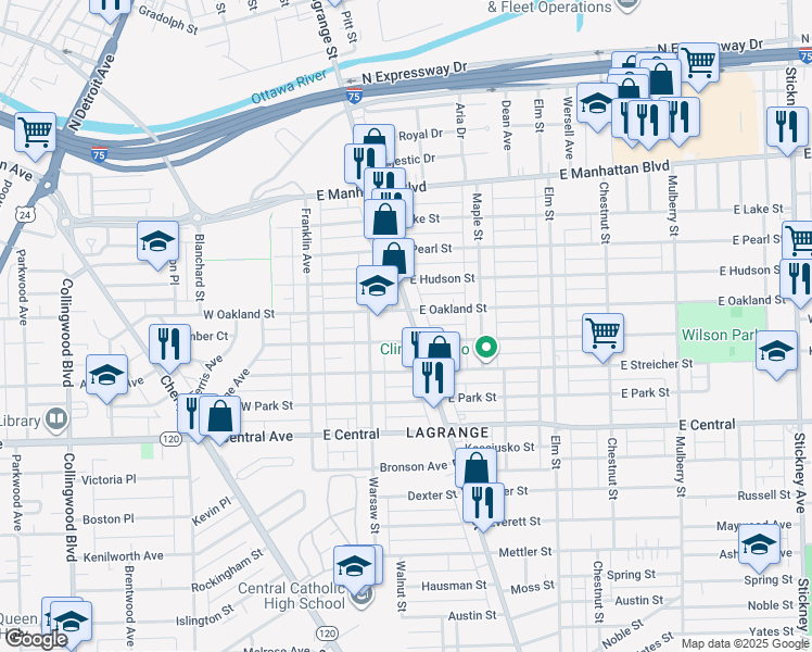 map of restaurants, bars, coffee shops, grocery stores, and more near 3233 Lagrange Street in Toledo