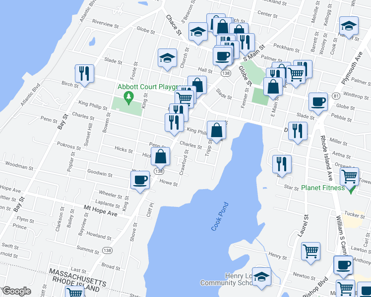 map of restaurants, bars, coffee shops, grocery stores, and more near 81 Crawford Street in Fall River