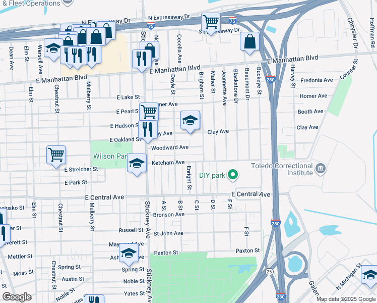 map of restaurants, bars, coffee shops, grocery stores, and more near 1020 Woodward Avenue in Toledo