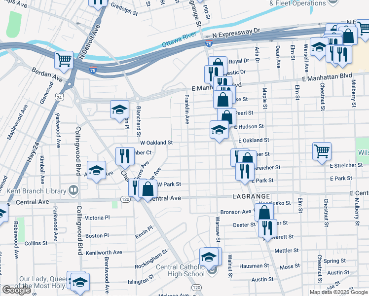 map of restaurants, bars, coffee shops, grocery stores, and more near 25 West Oakland Street in Toledo