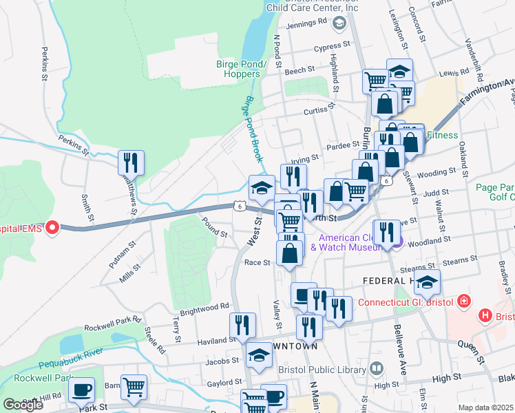 map of restaurants, bars, coffee shops, grocery stores, and more near 6 Terryville Avenue in Bristol