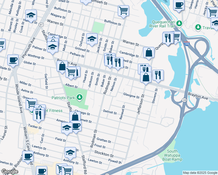 map of restaurants, bars, coffee shops, grocery stores, and more near 191 Nelson Street in Fall River