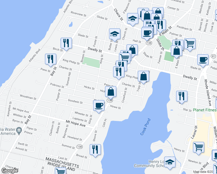 map of restaurants, bars, coffee shops, grocery stores, and more near 732 Penn Street in Fall River
