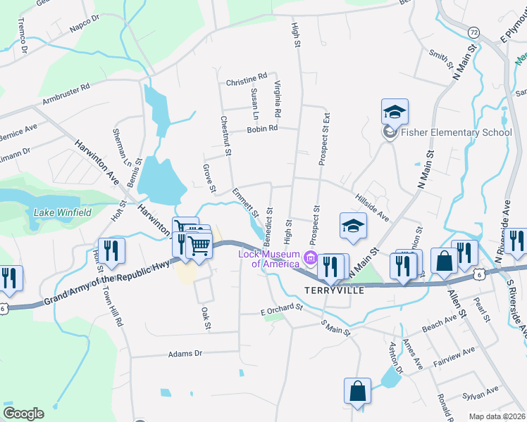 map of restaurants, bars, coffee shops, grocery stores, and more near 24 Emmett Street in Plymouth