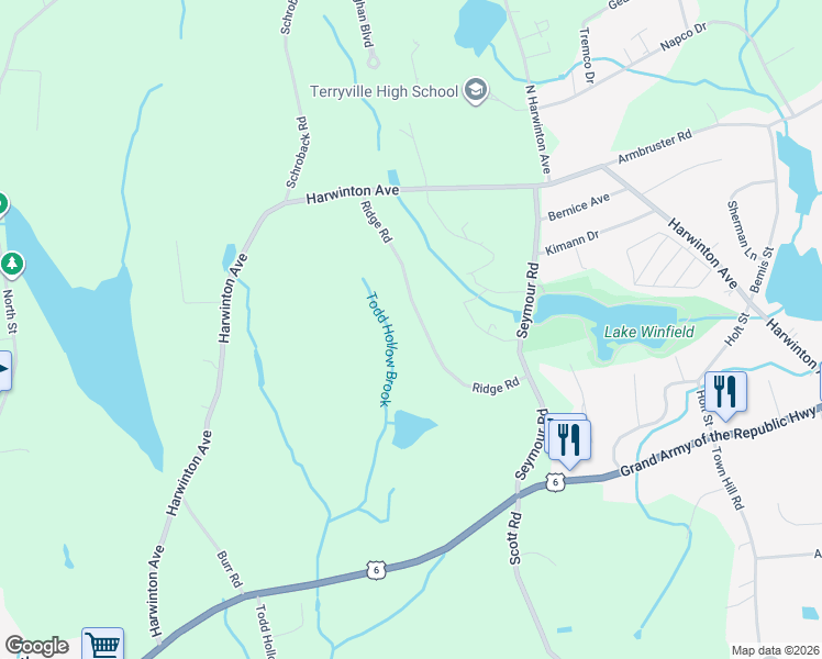 map of restaurants, bars, coffee shops, grocery stores, and more near 62 Ridge Road in Plymouth
