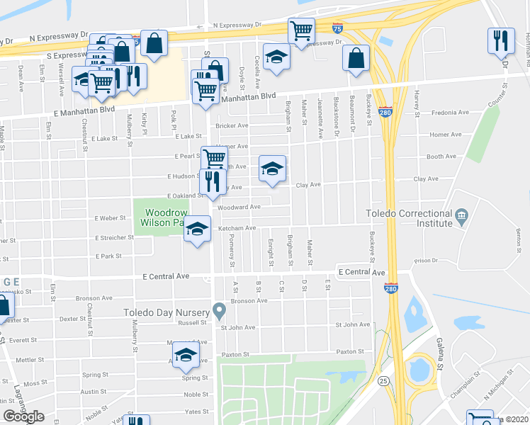 map of restaurants, bars, coffee shops, grocery stores, and more near 1020 Woodward Avenue in Toledo