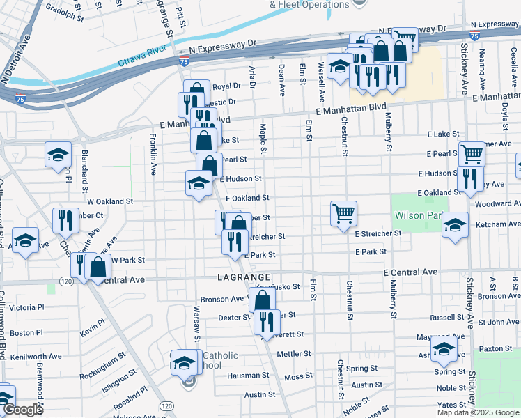 map of restaurants, bars, coffee shops, grocery stores, and more near 3247 Maple Street in Toledo