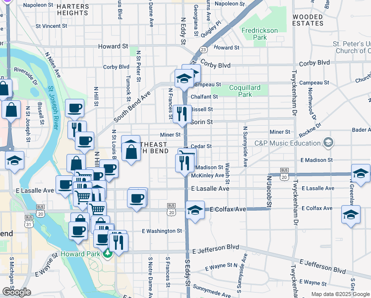map of restaurants, bars, coffee shops, grocery stores, and more near 1107 Cedar Street in South Bend
