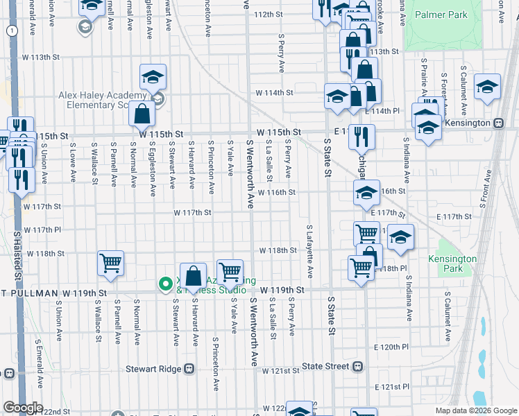 map of restaurants, bars, coffee shops, grocery stores, and more near 144 West 117th Street in Chicago