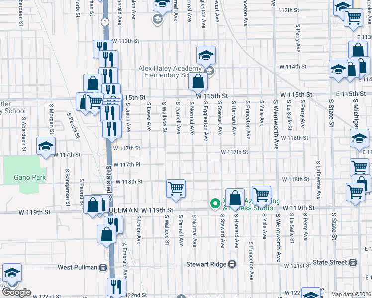 map of restaurants, bars, coffee shops, grocery stores, and more near 11645 South Parnell Avenue in Chicago