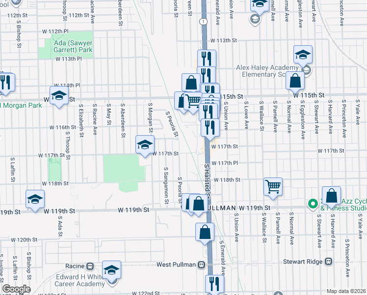 map of restaurants, bars, coffee shops, grocery stores, and more near 830 West 117th Place in Chicago