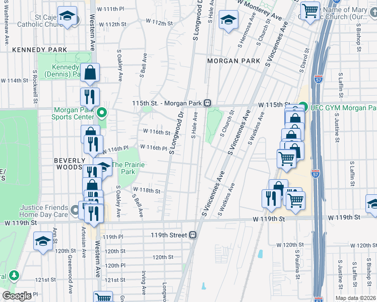 map of restaurants, bars, coffee shops, grocery stores, and more near 11628 South Hale Avenue in Chicago