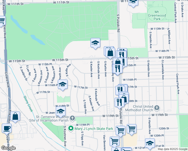 map of restaurants, bars, coffee shops, grocery stores, and more near 11601 South Keeler Avenue in Alsip