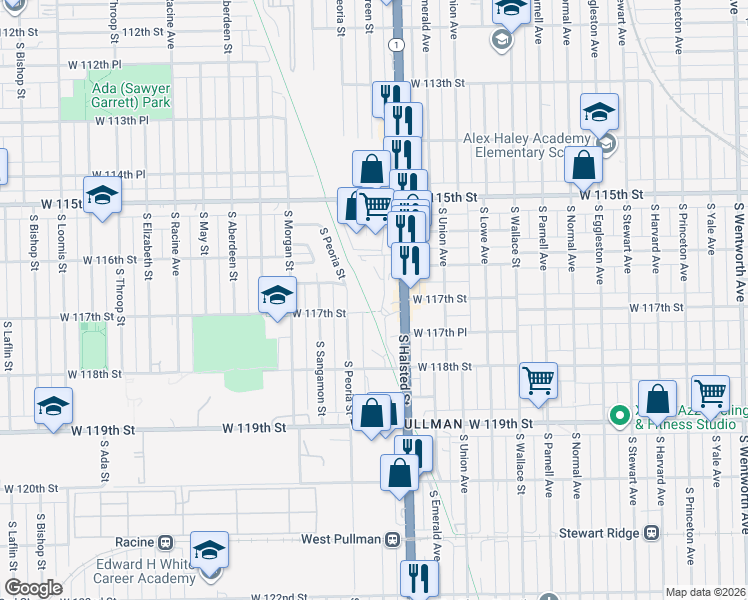 map of restaurants, bars, coffee shops, grocery stores, and more near 830 West 117th Place in Chicago