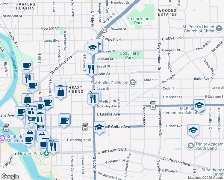 map of restaurants, bars, coffee shops, grocery stores, and more near 1226 Cedar Street in South Bend