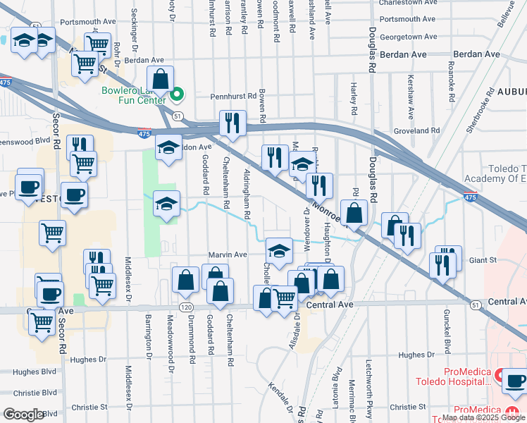 map of restaurants, bars, coffee shops, grocery stores, and more near 3200 Cardiff Court in Toledo