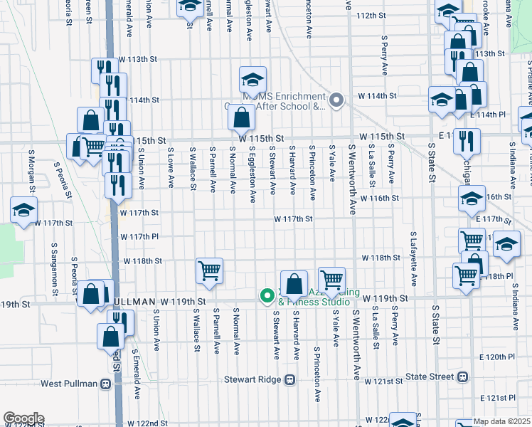 map of restaurants, bars, coffee shops, grocery stores, and more near 410 West 117th Street in Chicago