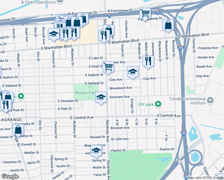 map of restaurants, bars, coffee shops, grocery stores, and more near 816 Woodward Avenue in Toledo