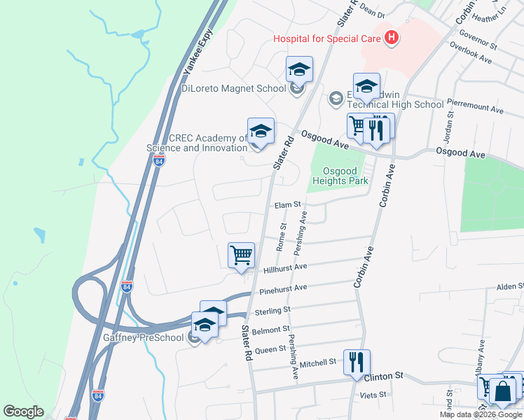 map of restaurants, bars, coffee shops, grocery stores, and more near 540 Slater Road in New Britain