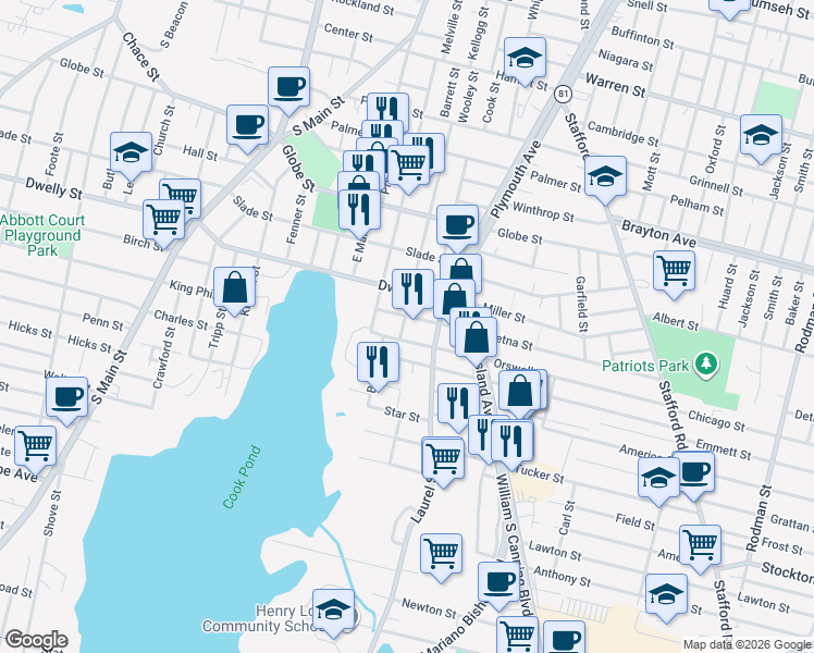 map of restaurants, bars, coffee shops, grocery stores, and more near 87 Aetna Street in Fall River