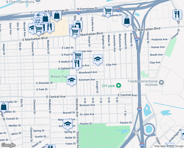 map of restaurants, bars, coffee shops, grocery stores, and more near 934 Woodward Avenue in Toledo