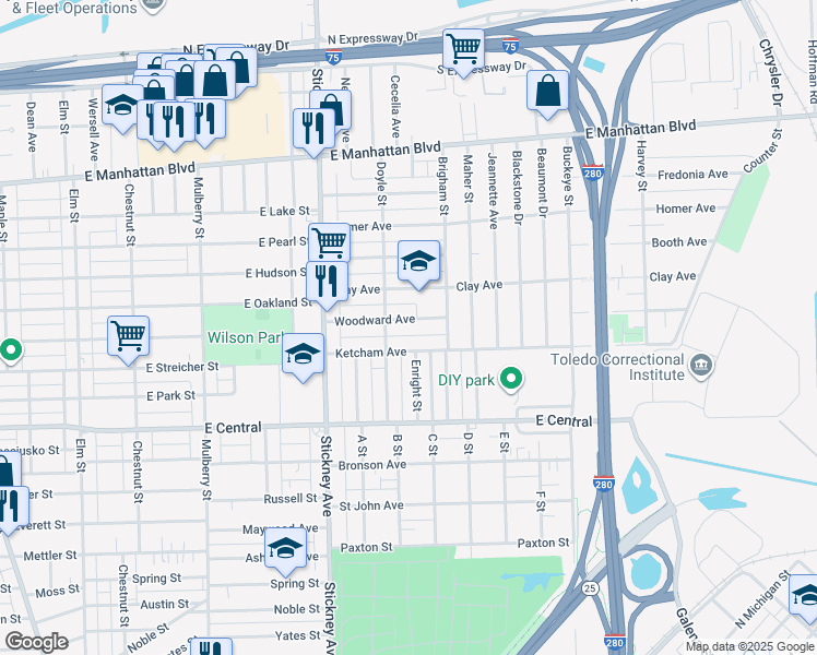 map of restaurants, bars, coffee shops, grocery stores, and more near 1012 Woodward Avenue in Toledo