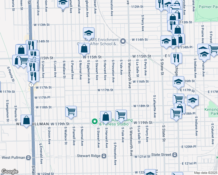 map of restaurants, bars, coffee shops, grocery stores, and more near 11644 South Princeton Avenue in Chicago