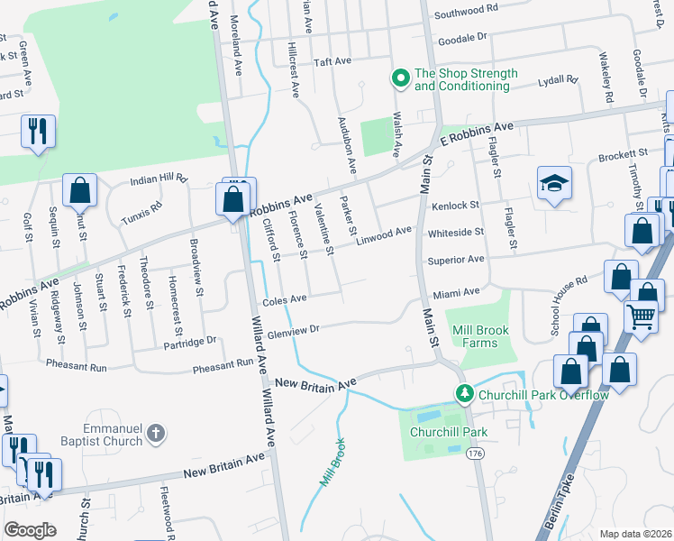 map of restaurants, bars, coffee shops, grocery stores, and more near 78 Valentine St in Newington