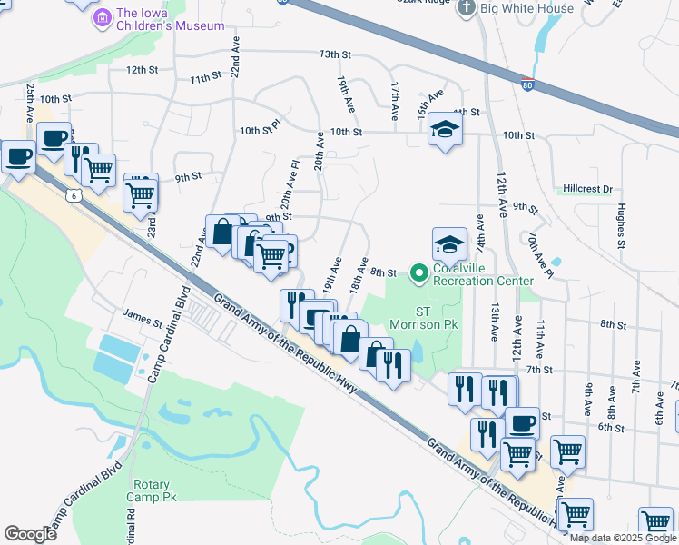 map of restaurants, bars, coffee shops, grocery stores, and more near 717 19th Avenue in Coralville