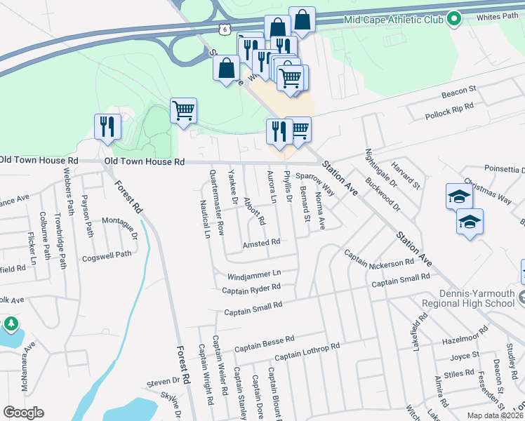 map of restaurants, bars, coffee shops, grocery stores, and more near 42 Abbott Road in Yarmouth