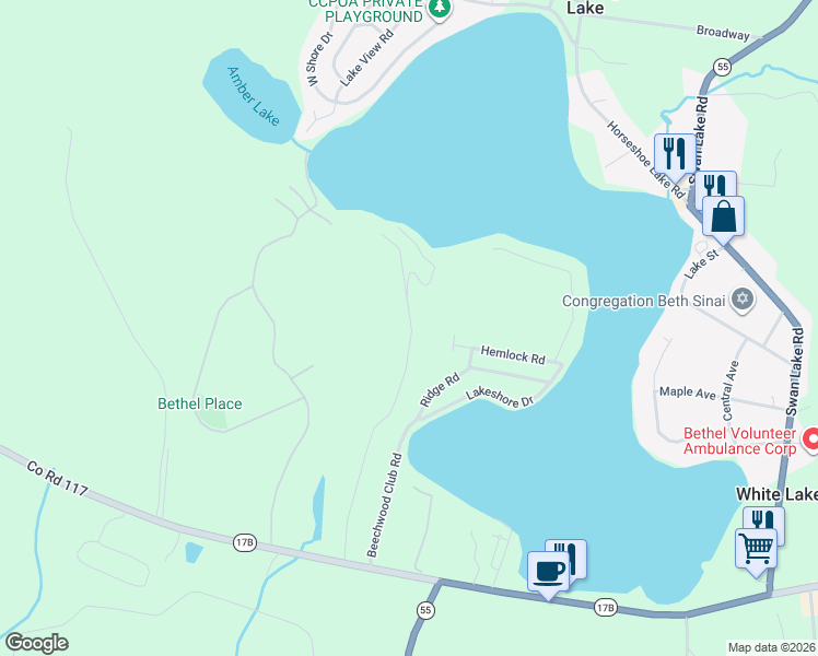 map of restaurants, bars, coffee shops, grocery stores, and more near 448 Naylor Road in White Lake