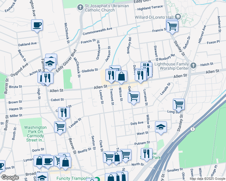 map of restaurants, bars, coffee shops, grocery stores, and more near 295 Tremont Street in New Britain