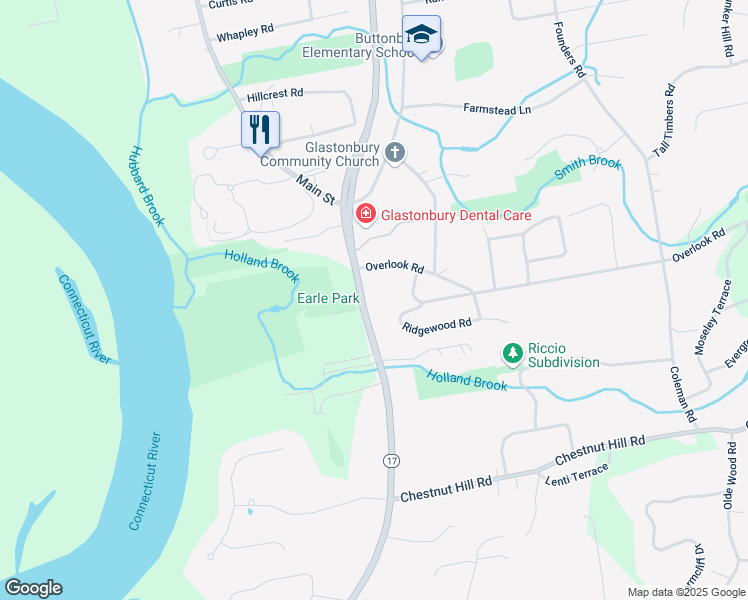 map of restaurants, bars, coffee shops, grocery stores, and more near 1360 Main Street in Glastonbury