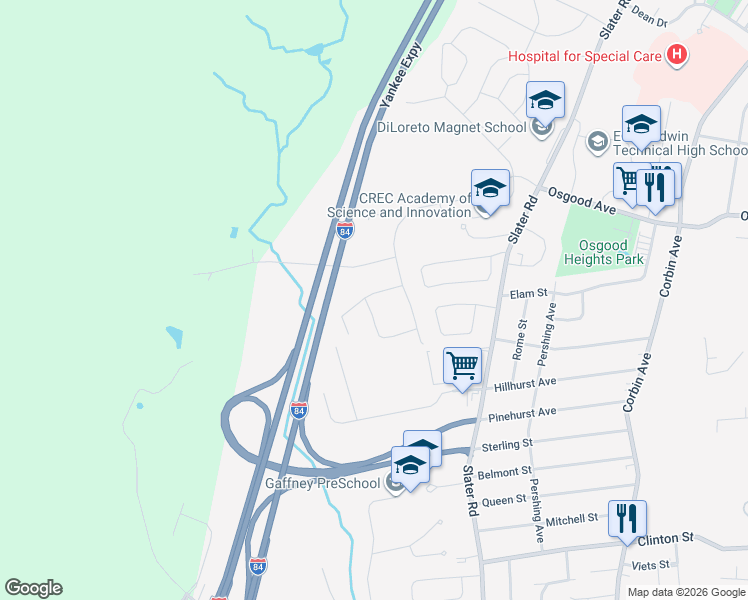 map of restaurants, bars, coffee shops, grocery stores, and more near 204 Winfield Drive in New Britain