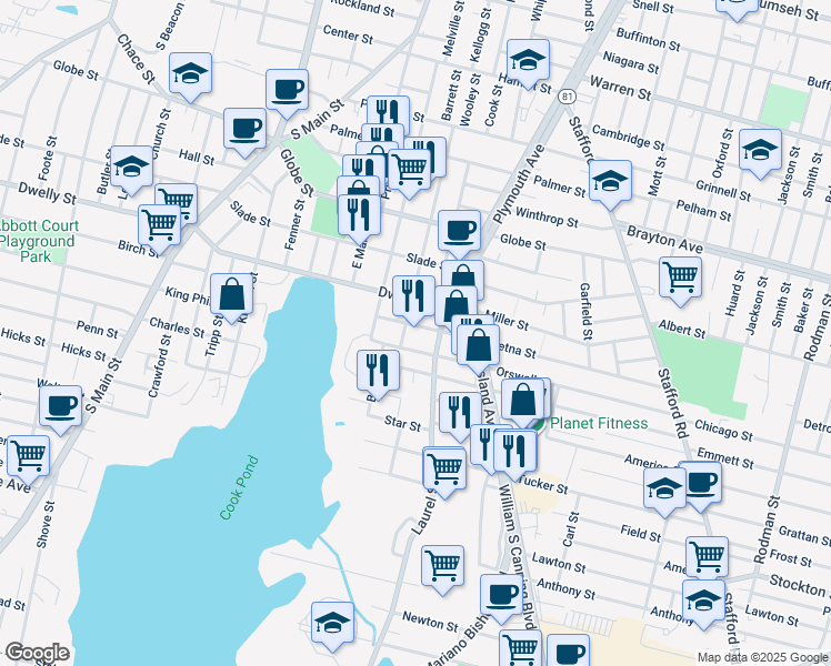 map of restaurants, bars, coffee shops, grocery stores, and more near 87 Aetna Street in Fall River
