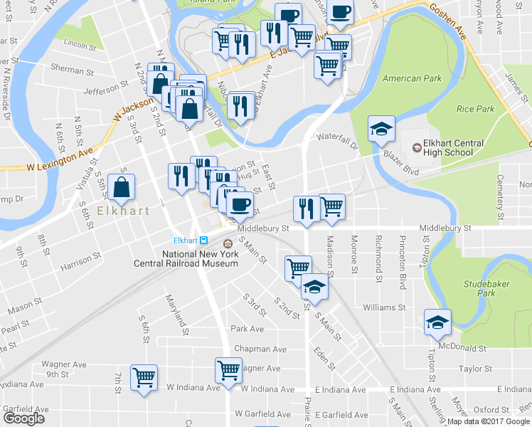 map of restaurants, bars, coffee shops, grocery stores, and more near 169 State Street in Elkhart
