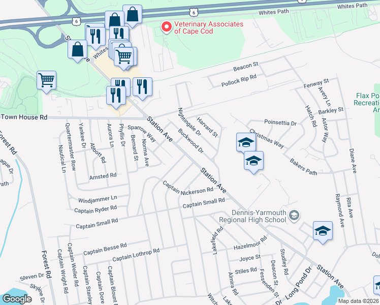 map of restaurants, bars, coffee shops, grocery stores, and more near 360 Station Avenue in South Yarmouth