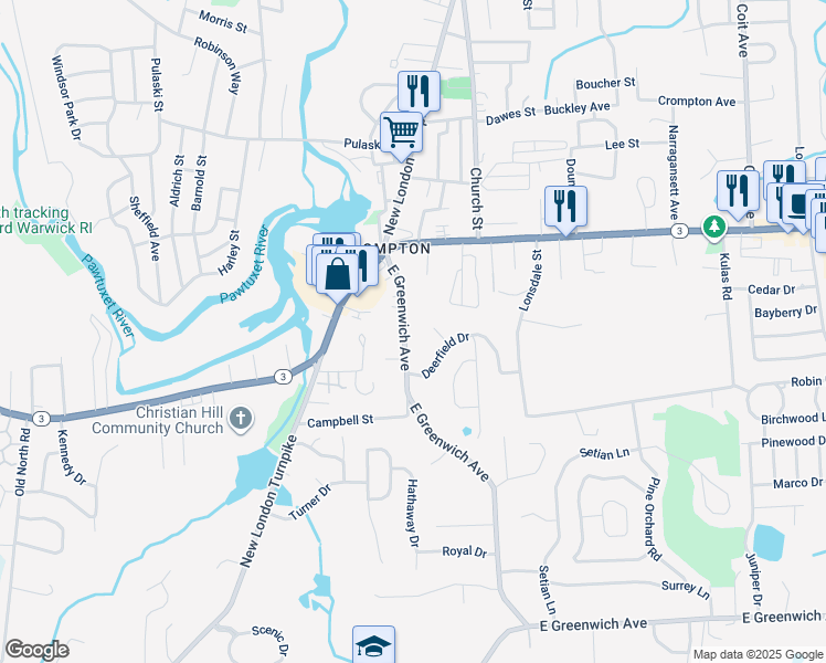 map of restaurants, bars, coffee shops, grocery stores, and more near 37 East Greenwich Avenue in West Warwick