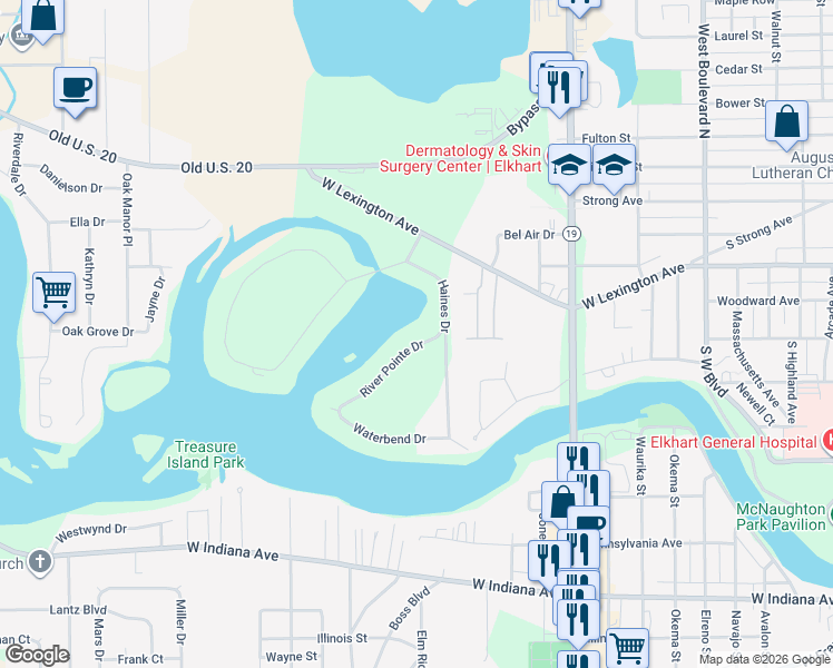map of restaurants, bars, coffee shops, grocery stores, and more near 306 River Pointe Drive in Elkhart
