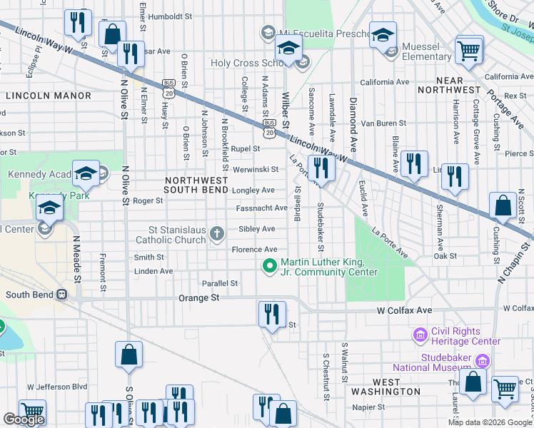 map of restaurants, bars, coffee shops, grocery stores, and more near 1630 Fassnacht Avenue in South Bend