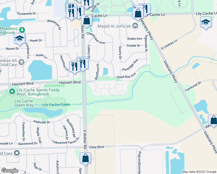 map of restaurants, bars, coffee shops, grocery stores, and more near 1211 Borego Circle in Bolingbrook