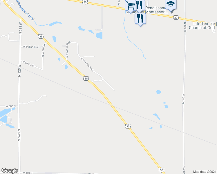 map of restaurants, bars, coffee shops, grocery stores, and more near 5054 North Pawnee Trail in La Porte